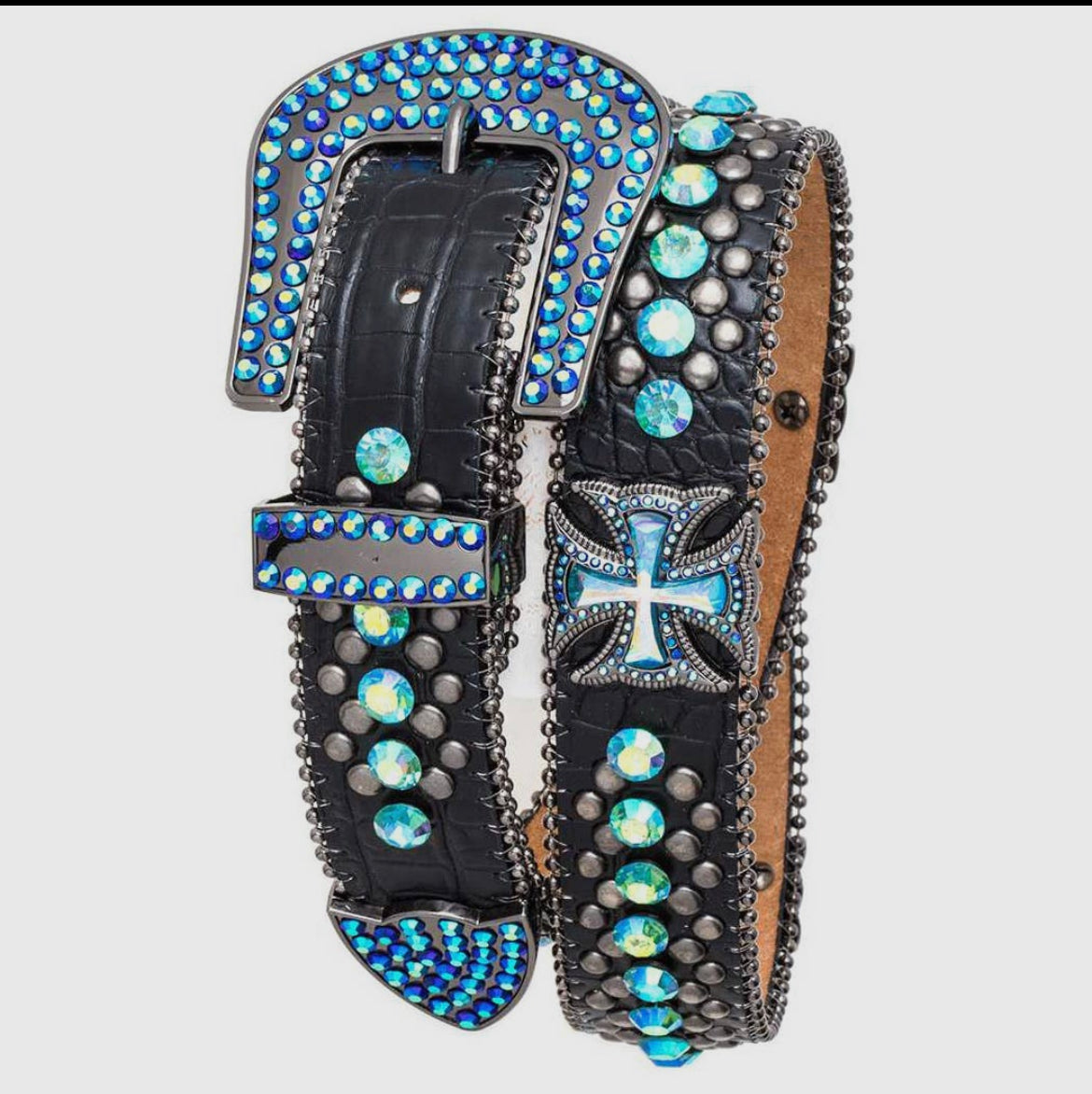 Turquoise crystal leather cross belt