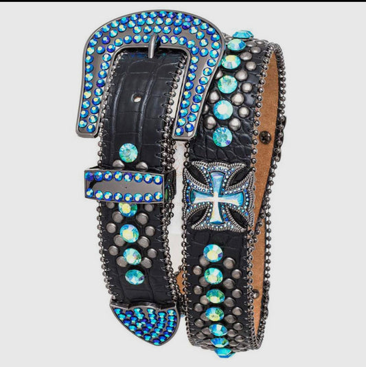 Turquoise crystal leather cross belt